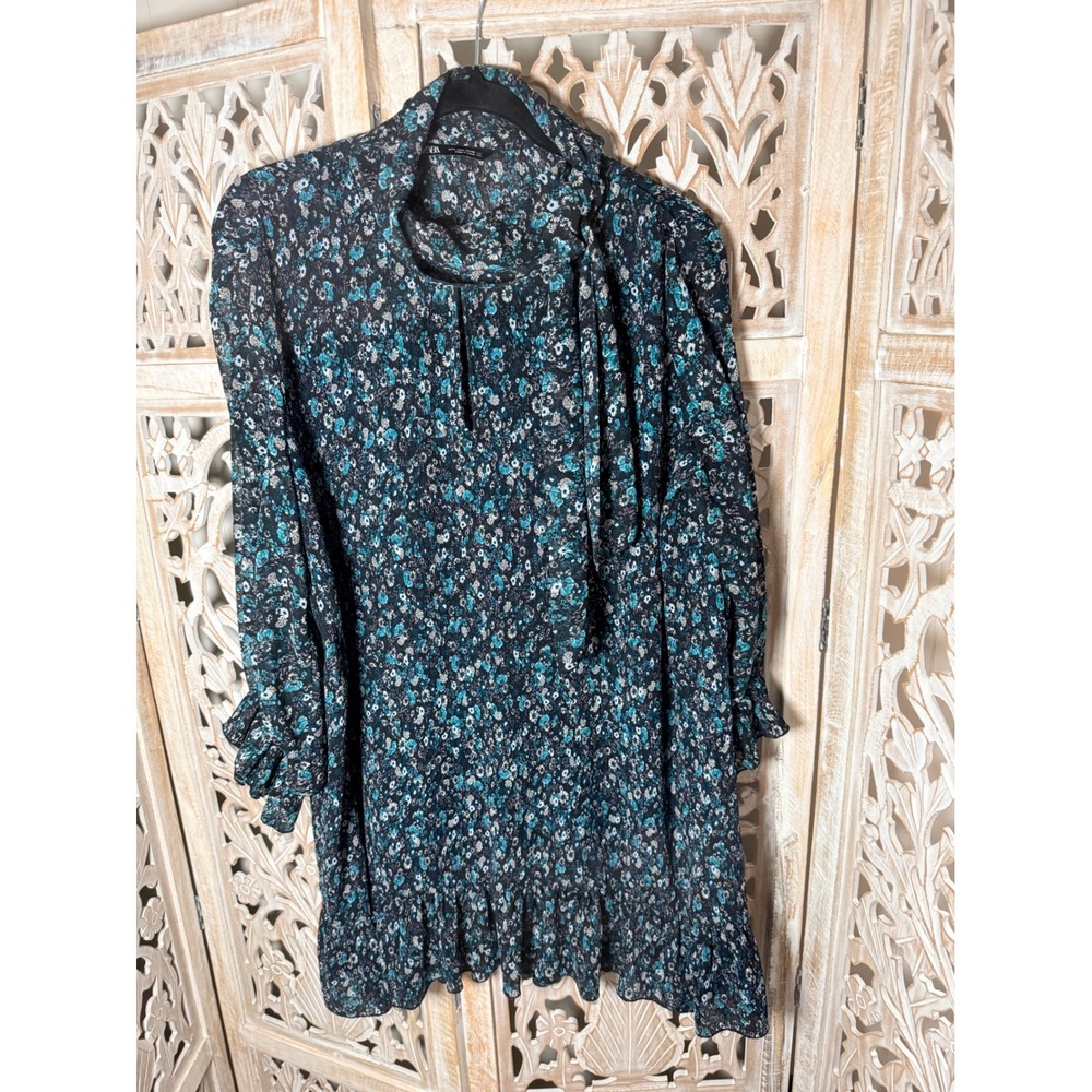 Zara Women Teal Black Floral Plisse Mini Dress Tie Neck Ruffle Long Sleeve Large - Picture 2 of 11